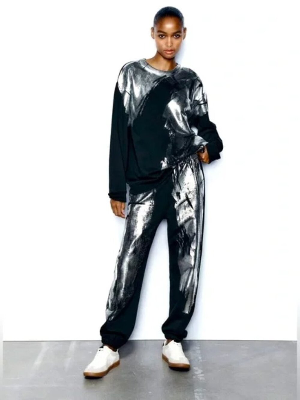 ZARA Silver Foil Black Sweatshirt & Jogger Pants Set - SIZE XL